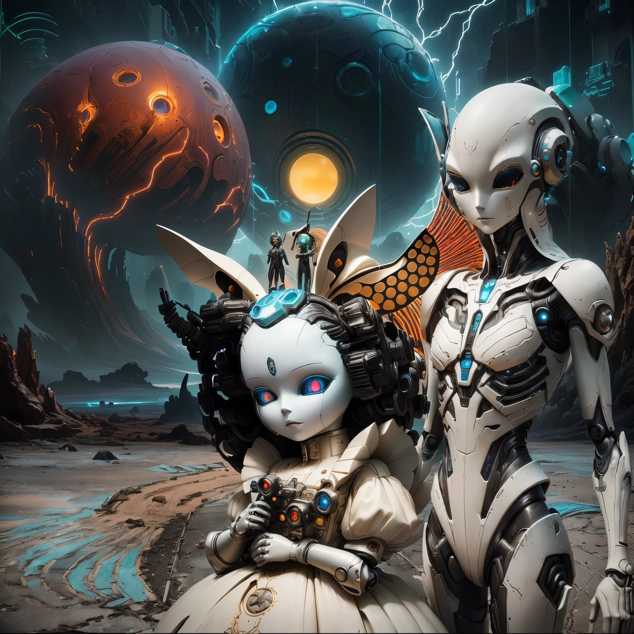 there are two alien statues standing next to each other, beeple and jeremiah ketner, alice in wonderland cyberpunk, surreal dark fantasy, benjamin lacombe, surreal fantasy, michael cheval (unreal engine, surreal and fantasy art, year 3 0 0 0, year 3000, sci fi, the mekanik doll, dark fantasy sci fi