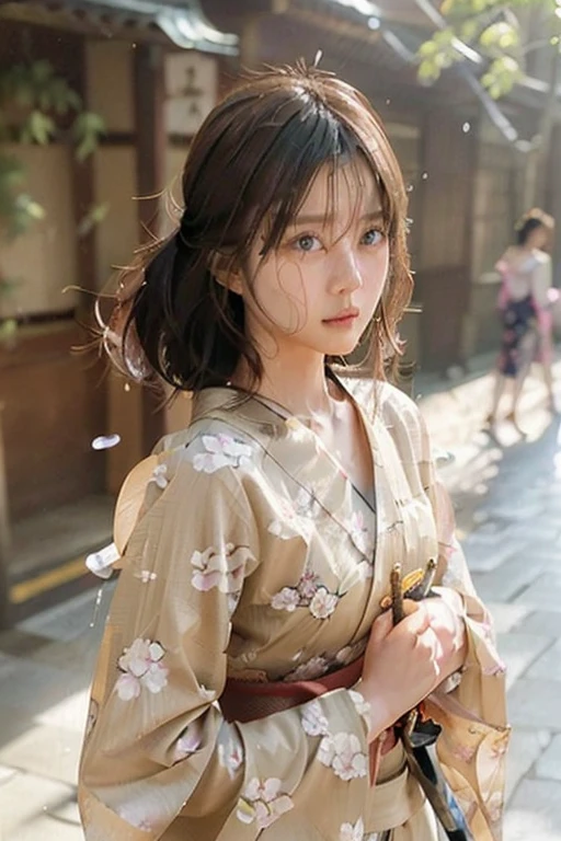 (((Holding a sword)))、(((Tears running down my cheeks)))、Beautiful Japanese Supermodel Women, Hair with subtle highlights, Iris, sexy，Street background，Gorgeous kimono （Floral）, Backlit shooting，perfect face lighting，Mixed Media
