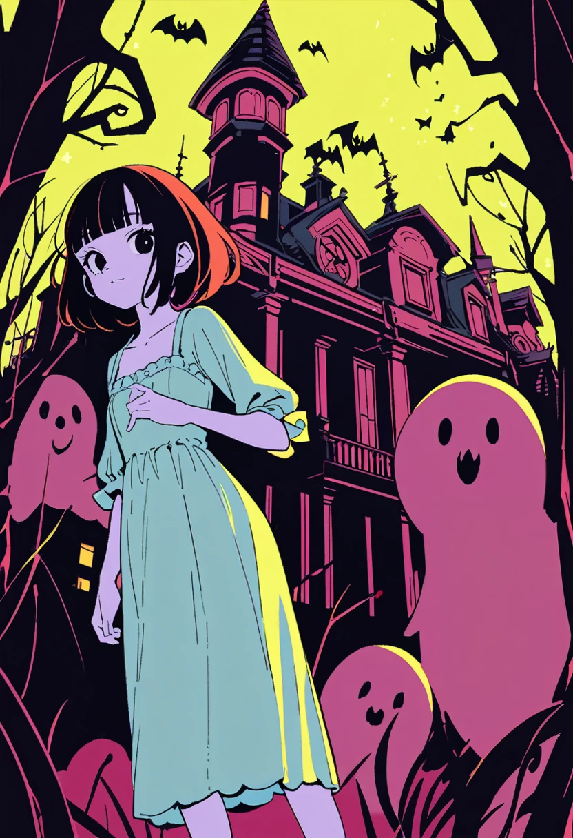 popart style,flat color,(haunted Mansion),(girl beckoning in front of mansion),sundress,Sandals,boogie smile,Spooky atmosphere,evening, BREAK 16yo,beautiful detailed face,(navy hair-color),(wavy-short hair),parallel eyebrows,black eyes with large irises,blunt bangs,small nose, fresh lips,small breasts,(5feet tall)), ghost,