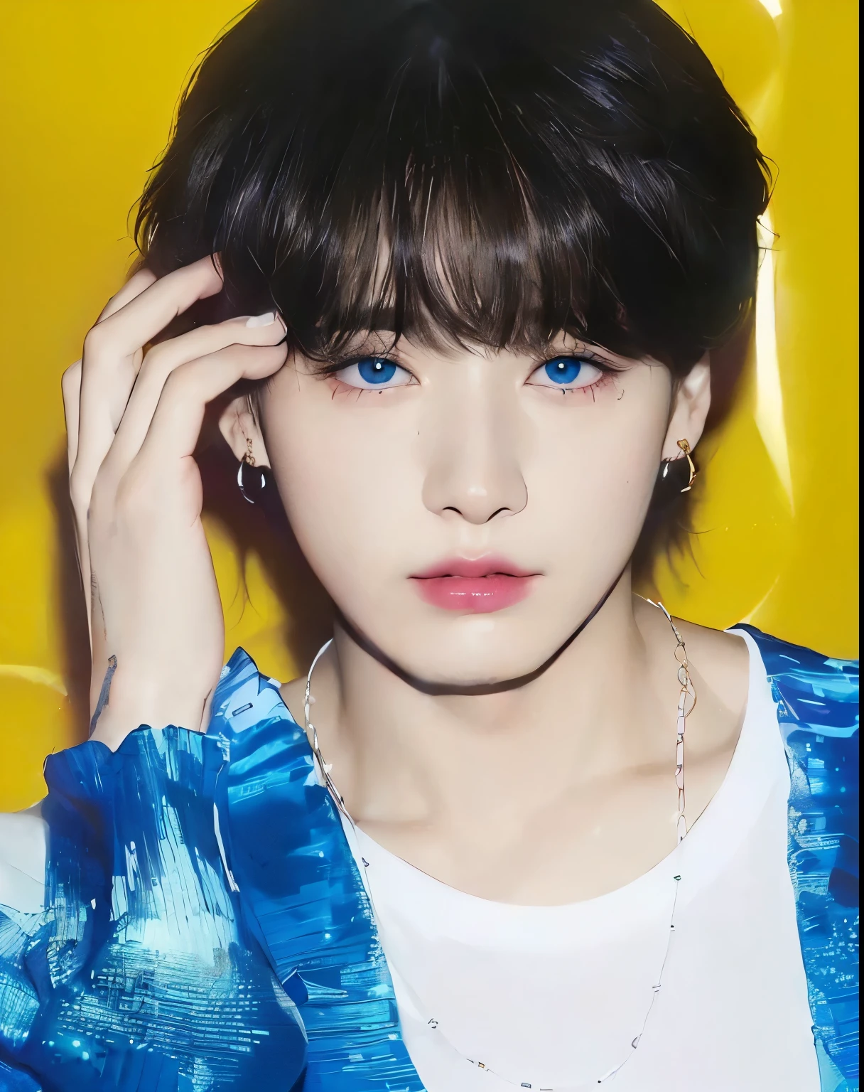 un primer plano de una persona con un collar y una chaqueta azul, cai xukun, jungkook, jinyoung shin, hyung tae, inspirado en Bian Shoumin, inspirado en Kun Can, diez lee, kpop idol portrait, yanjun chengt, kim doyoung, kim taejin, sun yunjoo, mirada inocente, jia, cuchilla del grupo de drenaje