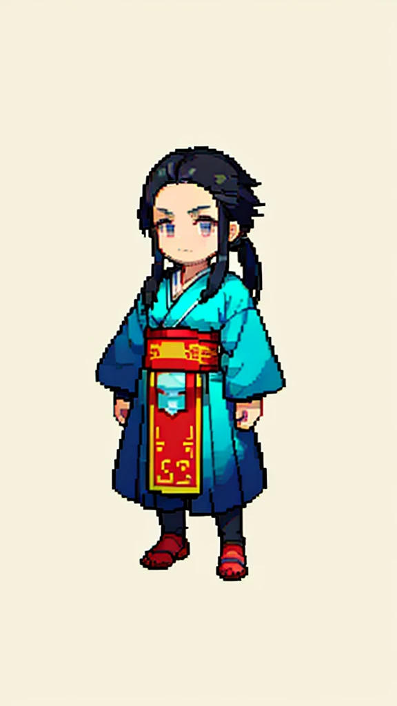 Old man in ancient Chinese costume、Wise Old Man、Looking into the camera、There is a short topknot on the head、Long sleeve、Hanfu、Black Hair、Standing and posing with arms crossed、part your bangs in the middle、Pixel art、(masterpiece, highest quality, highest quality), pixel,pixel art,whole body,Characters in Romance of the Three Kingdoms、Transform、beard、Short Deformation