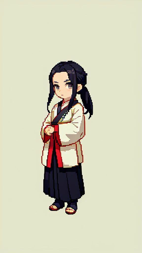 Old man in ancient Chinese costume、Wise Old Man、Looking into the camera、There is a short topknot on the head、Long sleeve、Hanfu、Black Hair、Standing and posing with arms crossed、part your bangs in the middle、Pixel art、(masterpiece, highest quality, highest quality), pixel,pixel art,whole body,Characters in Romance of the Three Kingdoms、Transform、beard、Short Deformation