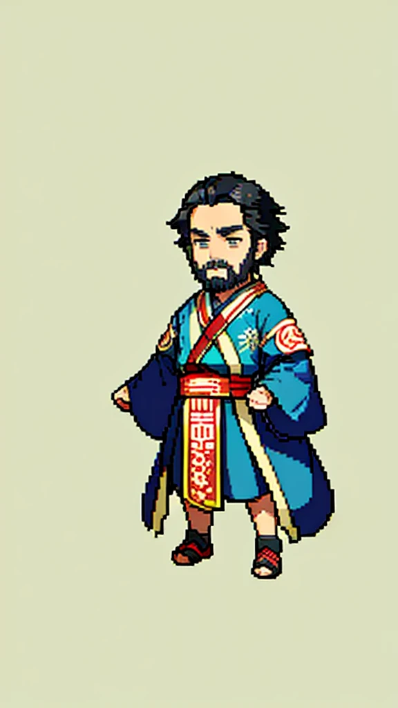 Old man in ancient Chinese costume、Wise Old Man、Looking into the camera、There is a short topknot on the head、Long sleeve、Hanfu、Black Hair、Standing and posing with arms crossed、part your bangs in the middle、Pixel art、(masterpiece, highest quality, highest quality), pixel,pixel art,whole body,Characters in Romance of the Three Kingdoms、Transform、beard、Short Deformation