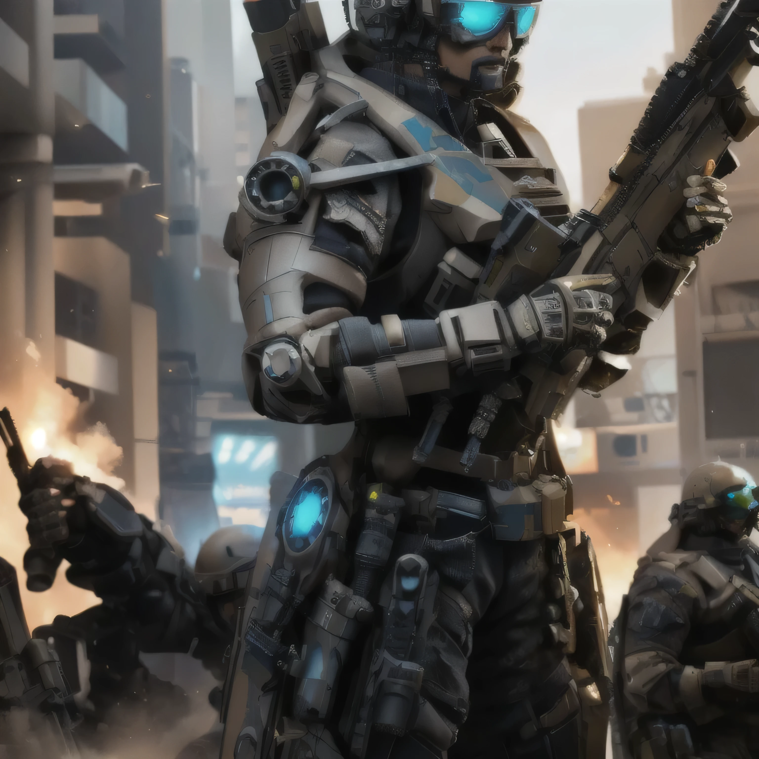 a close up of a person holding a rifle in a fire, fps game concept art, cyberpunk soldier, cyberpunk imperial military, futuristic soldier, sci-fi soldier, dressed in tactical armor, expert high detail concept art, epic scifi character art, epic sci-fi character art, epic sci - fi character art, clothed in sci-fi military armor