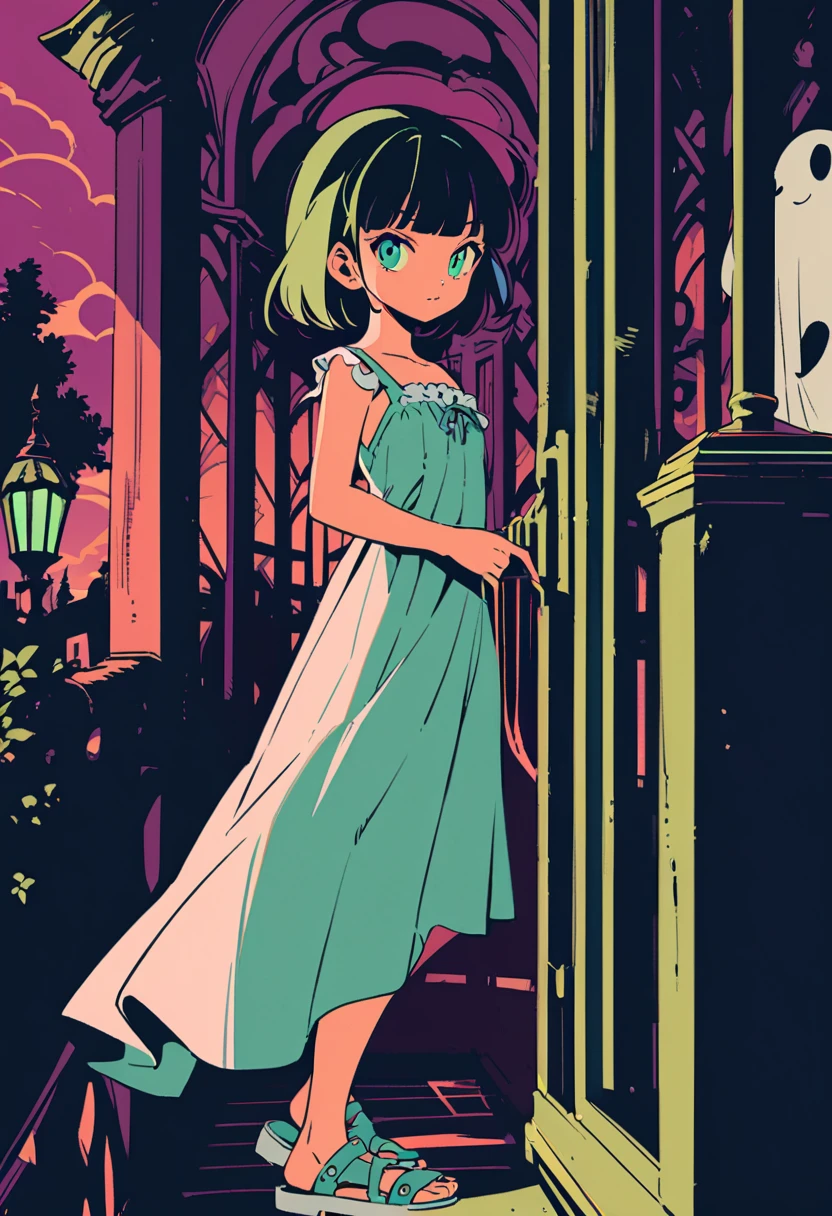 popart style,flat color,(haunted Mansion),(girl beckoning in gate of mansion),sundress,Sandals,boogie smile,Spooky atmosphere,evening, BREAK ,beautiful detailed face,(navy hair-color),(wavy-short hair),parallel eyebrows,navy eyes with large irises,blunt bangs,small nose, fresh lips,small breasts,(5feet tall)), ghost,