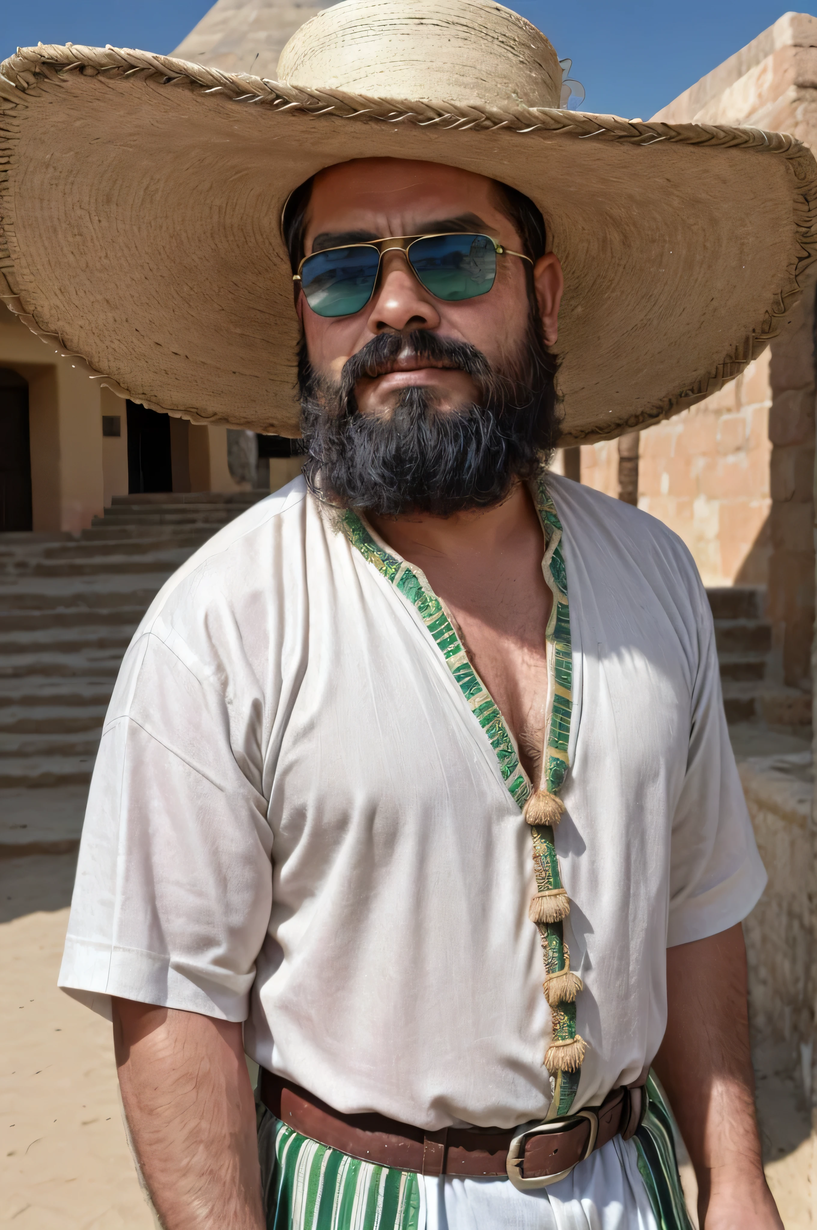 A 38-year-old man with a beard and sunglasses, wearing traditional Mexican clothing. The clothing varies each time, including options such as a charro suit, a guayabera shirt, or a poncho. The background showcases different natural beauties of Mexico, such as the beaches of Cancun, the mountains of Sierra Madre, or the pyramids of Teotihuacan. The image should be highly realistic, focusing on the upper body in a medium shot, with exceptional quality and attention to detail.