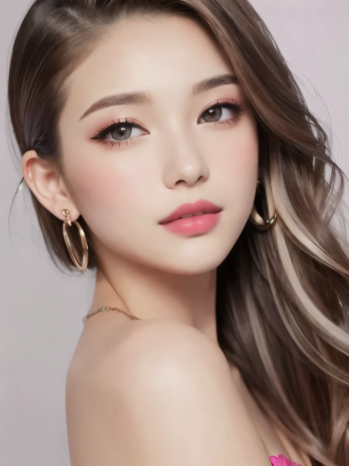 beautiful girl, Brown_eye, ((Beautiful and slim 18 year old girl, hair color [Brown highlights hair], [Undercut Pixie] hair)), Earrings, lips, Realistic, Tight waist, Charm, pink lipstick, Colorful Makeup, Long eyelashes, Earrings, Applying eyeliner, Fair skin, (cute), (Detailed face), detailed eye, Detailed Iris