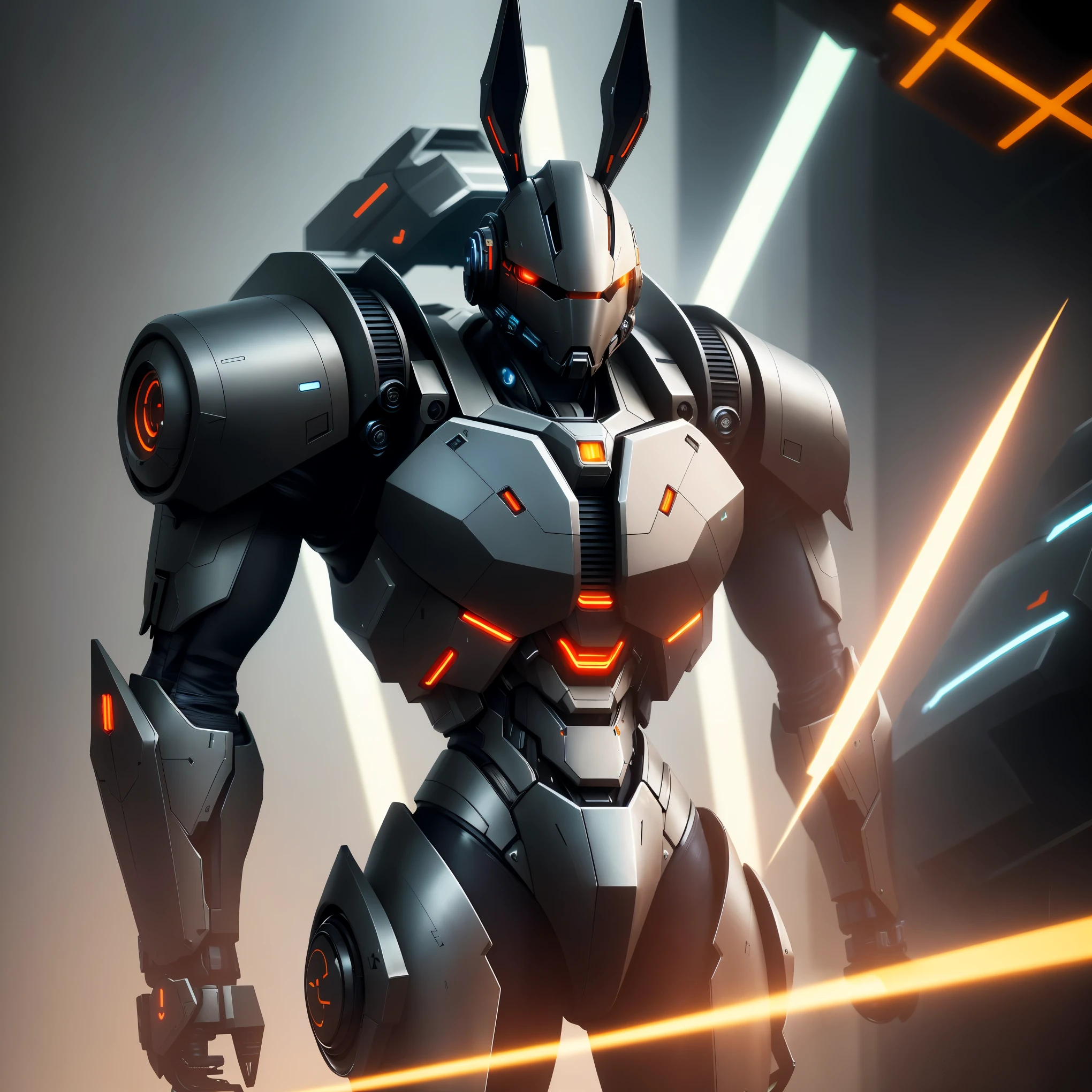 A mech with rabbit ears in a futuristic combat stance, rich in details, steel texture, cool and sci-fi vibe, enhanced by studio lighting effects like HDR and ultra-fine painting, set against a sci-fi background, highres, vivid colors, with a focus on realistic rendering and extreme detail description.