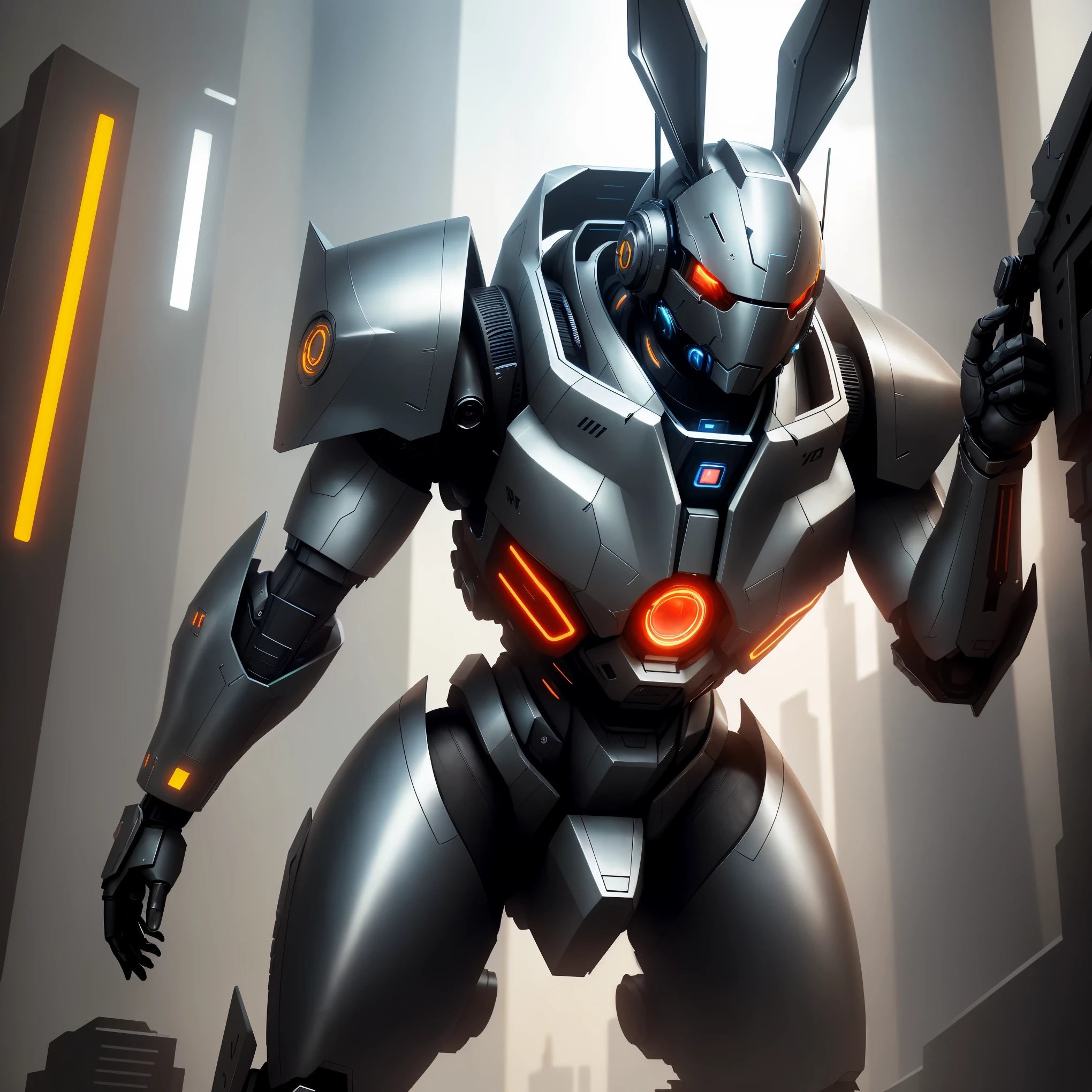 A mech with rabbit ears in a futuristic combat stance, rich in details, steel texture, cool and sci-fi vibe, enhanced by studio lighting effects like HDR and ultra-fine painting, set against a sci-fi background, highres, vivid colors, with a focus on realistic rendering and extreme detail description.