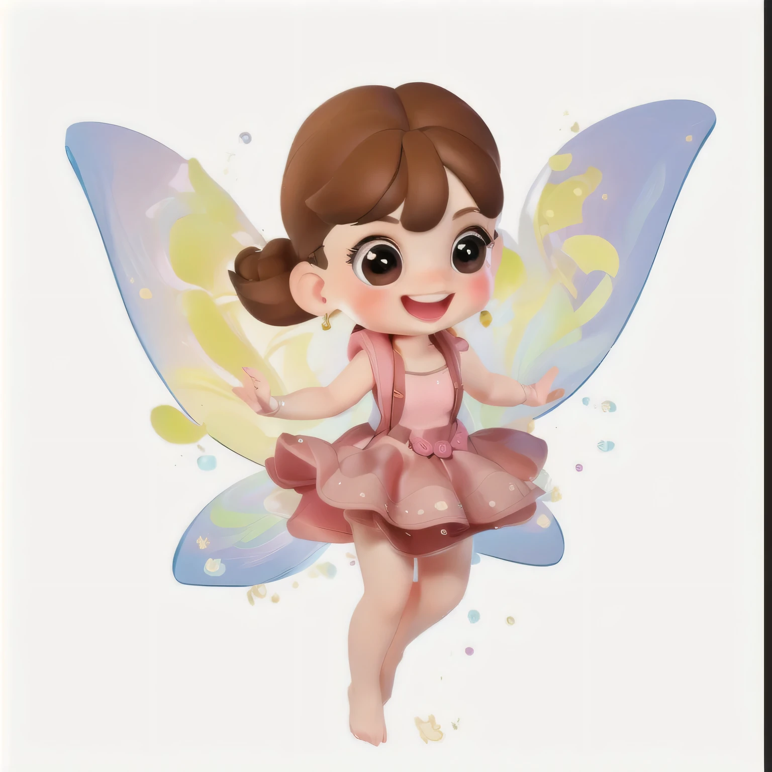 Super cute，little girl，Brown hair，big eyes，3D Rendering，Ultra Detail，Detail eyes，happy，lol，exquisite，HD，Pink skirt，Bright Eyes，Cute micro lol，Fine fingers，