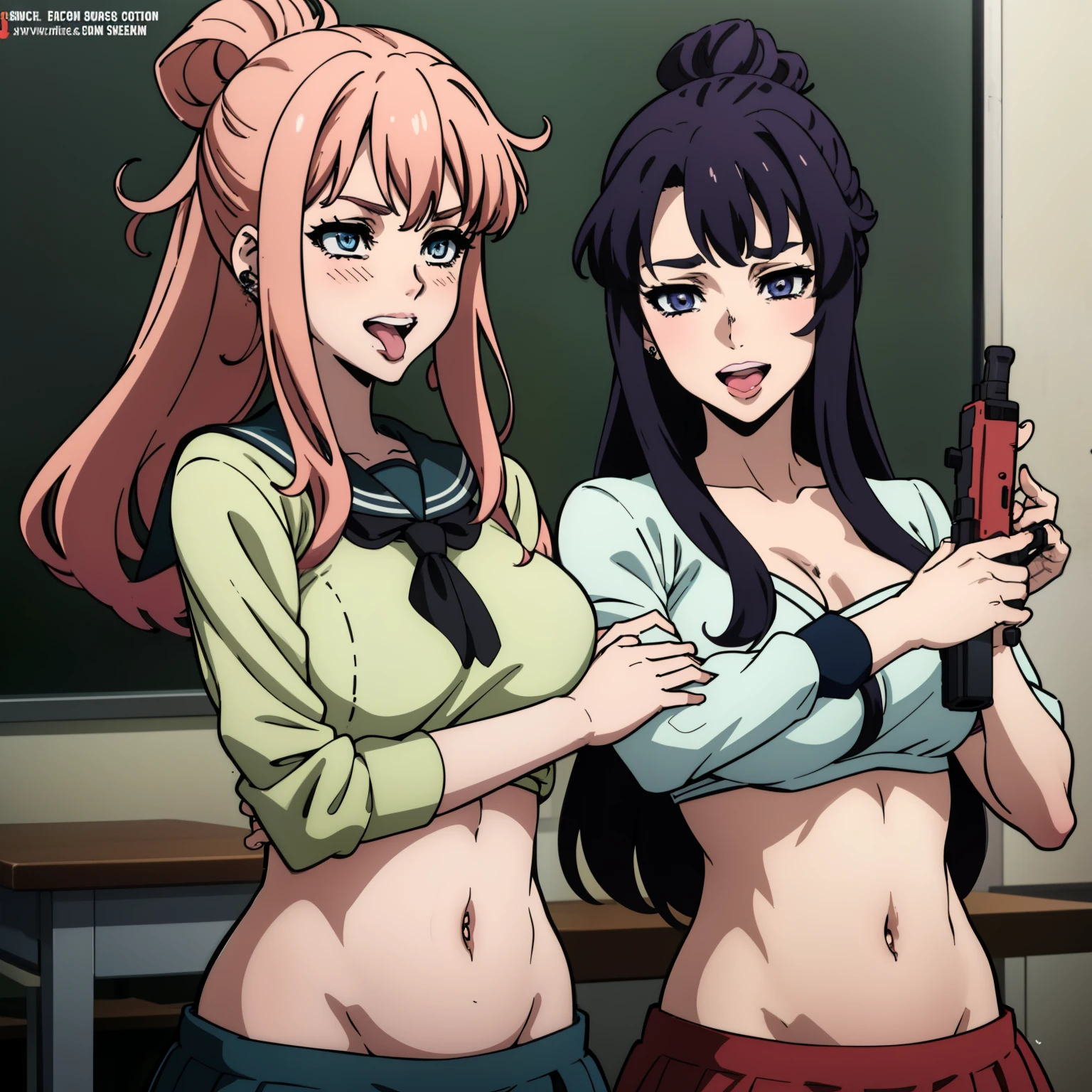 2girl, two girl, long hair, anime art, blush, lipstick, ear piercing, tongue piercing, tongue out, large breast, masterpiece, best quality, highly detailed, a anime girls in sailor uniforms with a gun posing for a picture,
evil smile, smile, open mouth,black_serafuku, ecchi anime style, anime girls , (nsfw) not safe for work,
ecchi style, ecchi, shipgirls, digital anime art!!, high school girls, holding a gun, hold a gun, anime style 4
k, micro skirt, exposed belly, exposed navel, exposed midriff,
exposed lower belly,school, classroom, 