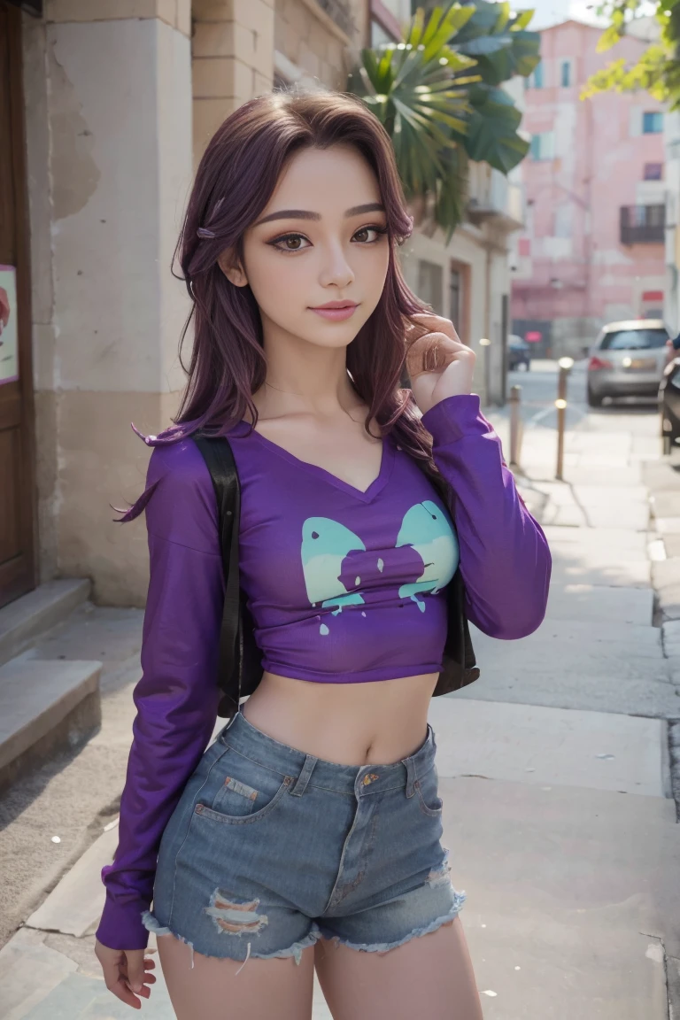 Chica  con el pelo largo color morado y mechas color turquesa  , hermosa mujer adolesente, Hermosa mujer , Foto de una adolesente hermosa , linda sonrisa  ,lindo maquillaje , sombra de ojos morada   , hermosa chica adolesente , 18 year old  , lindo maquillaje , small nose ,pecas en mejillas y nariz, labios rojos  , sexy, hermoso cuerpo de nuker adolesente , fondo variado  , outfit grunge , viste camiseta purpura de manga corta tiene imagen de calavera ,cinturon blanco , falda color lila con imagenes de cuadros , botas largas con tacon , She also wears a whistle around her neck , foto de cuerpo completo , posa para foto de cuerpo completo , mlp , mlp Starligh glimmert , es de noche , smiling expression