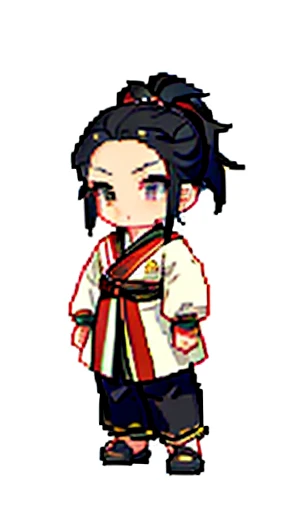 Old man in ancient Chinese costume、Wise Old Man、Looking into the camera、Her hair is tied up in a topknot.、Long sleeve、Hanfu、Black Hair、Standing and posing with arms crossed、part your bangs in the middle、Pixel art、(masterpiece, highest quality, highest quality), pixel,pixel art,whole body,Characters in Romance of the Three Kingdoms、Transform、beard、Short Deformation