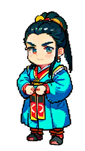 Old man in ancient Chinese costume、Wise Old Man、Looking into the camera、Her hair is tied up in a topknot.、Long sleeve、Hanfu、Black Hair、Standing and posing with arms crossed、part your bangs in the middle、Pixel art、(masterpiece, highest quality, highest quality), pixel,pixel art,whole body,Characters in Romance of the Three Kingdoms、Transform、beard、Short Deformation