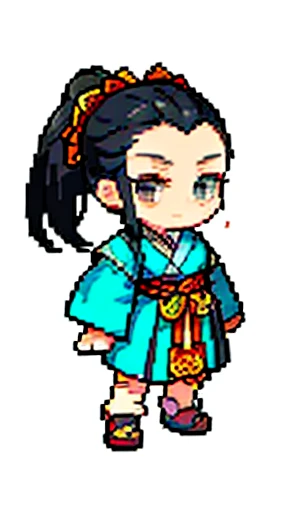 Old man in ancient Chinese costume、Wise Old Man、Looking into the camera、Her hair is tied up in a topknot.、Long sleeve、Hanfu、Black Hair、Standing and posing with arms crossed、part your bangs in the middle、Pixel art、(masterpiece, highest quality, highest quality), pixel,pixel art,whole body,Characters in Romance of the Three Kingdoms、Transform、beard、Short Deformation