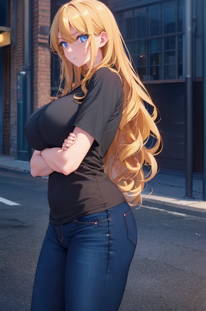 ((black t-shirt, blue jeans)), ((seductive posing,),1woman,city streets, stunning,Beautiful eyes, very detailed face,cute,HD face, perfect face,Very big breasts,Blonde hair,long hair,curly hair,bangs,blue eyes,ultra detail,ultra Hd, masterpiece,4k