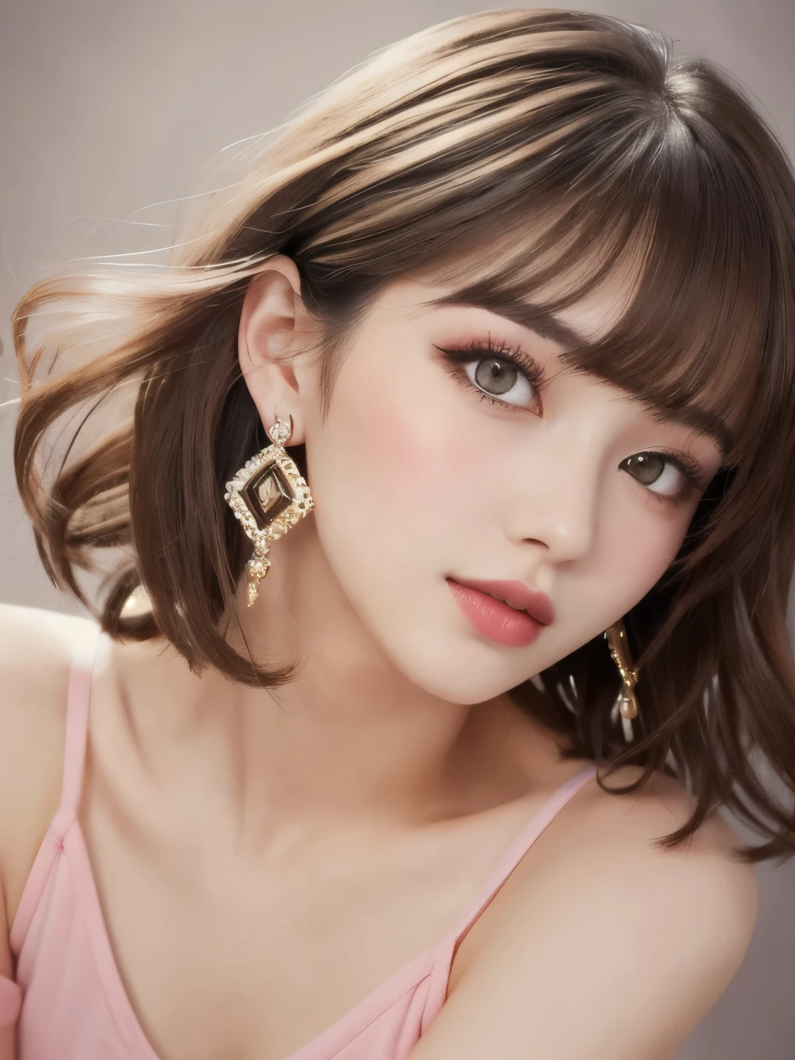 beautiful girl, Brown_eye, ((Beautiful and slim 18 year old girl, hair color [Brown highlights hair], [Undercut Pixie] hair)), Earrings, lips, Realistic, Tight waist, Charm, pink lipstick, Colorful Makeup, Long eyelashes, Earrings, Applying eyeliner, Fair skin, (cute), (Detailed face), detailed eye, Detailed Iris