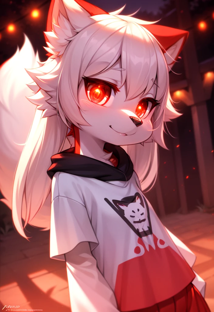 furry, white fur, ultra cute face, red elements on fur, glowing t-shrt, beautiful lights and shadows, ambient light, ultra detailed fur, volumetric light