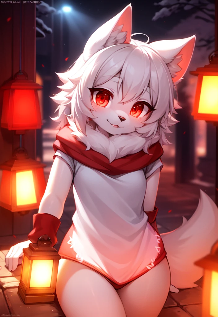 furry, white fur, ultra cute face, red elements on fur, glowing t-shrt, beautiful lights and shadows, ambient light, ultra detailed fur, volumetric light