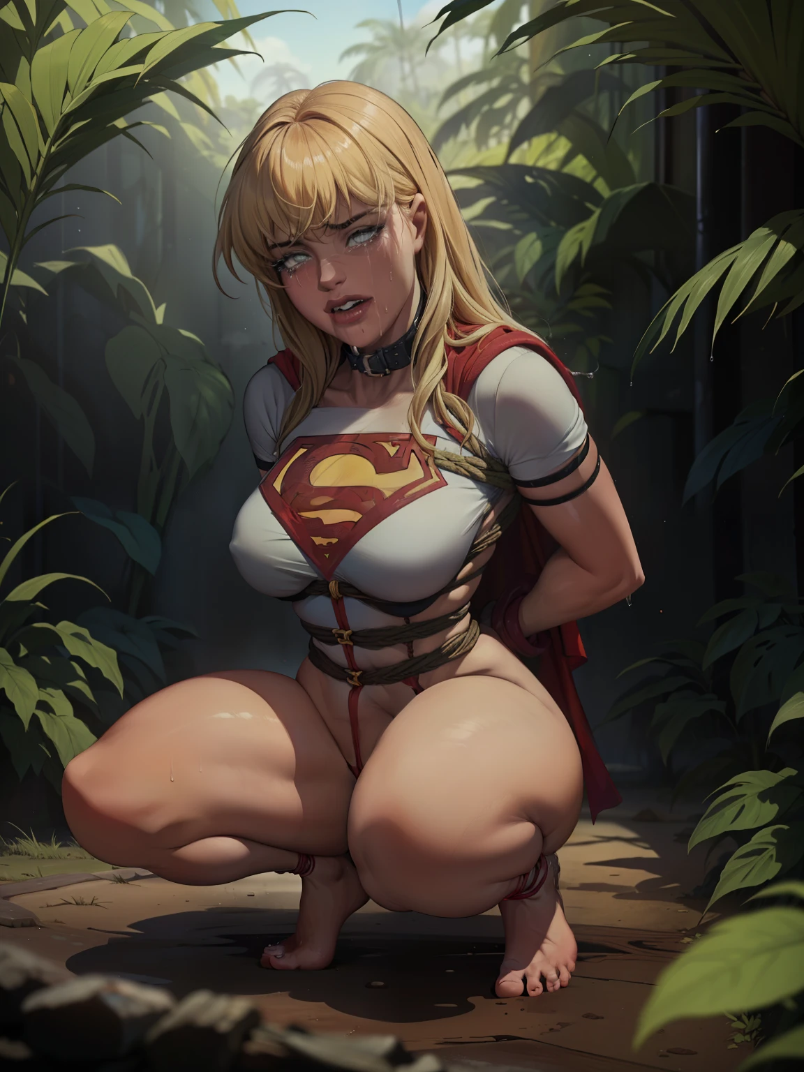 (((SUPERHEROINE SUPERGIRL esta vestindo lingerie rendada, calcinha rendada, she is barefoot))), (((She's handcuffed,na floresta tropical, In the Amazon jungle, abandonada,perdida))), ((nua,sem calcinha,without bra, sem uniforme)), (SUPERGIRL is squatting, pernas abertas, stuck in the mud), (She is crying a lot, ela tem cabelo LOIRO, ela tem cabelo longo)), ((She wears a thick collar around her neck.)), (obra-prima, melhor qualidade) 1.5, 1 garota, sozinho, (sensual, mulher bonita, rosto perfeito, olhos perfeitos), corpo inteiro, tears running down your face)), ((SUPERGIRL em cativeiro, arms tied behind the back, Shibari, Hands tied behind the back,painful restraint by ropes)