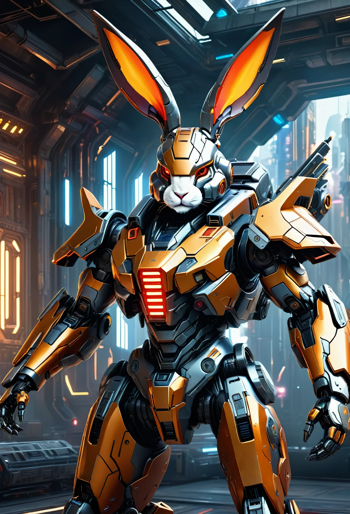 A mech with rabbit ears in a futuristic combat stance, rich in details, steel texture, cool and sci-fi vibe, enhanced by studio lighting effects like HDR and ultra-fine painting, set against a sci-fi background, highres, vivid colors, with a focus on realistic rendering and extreme detail description.