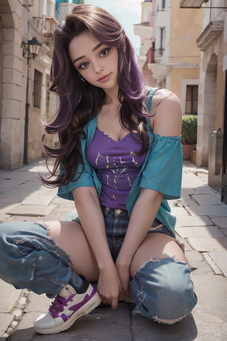 Chica  con el pelo largo color morado y mechas color turquesa  , hermosa mujer adolesente, Hermosa mujer , Foto de una adolesente hermosa , linda sonrisa  ,lindo maquillaje , sombra de ojos morada   , hermosa chica adolesente , 18 year old  , lindo maquillaje , small nose ,pecas en mejillas y nariz, labios rojos  , sexy, hermoso cuerpo de nuker adolesente , fondo variado  , outfit grunge , viste camiseta purpura de manga corta tiene imagen de calavera ,cinturon blanco , falda color lila con imagenes de cuadros , botas largas con tacon , She also wears a whistle around her neck , foto de cuerpo completo , posa para foto de cuerpo completo , mlp , mlp Starligh glimmert , es de noche , smiling expression