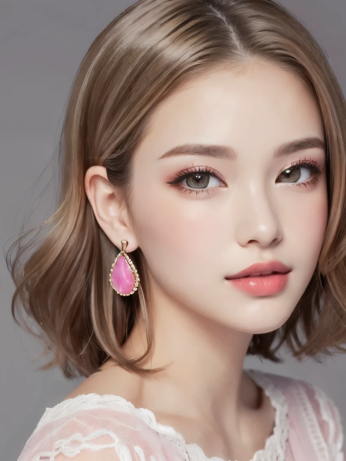 beautiful girl, Brown_eye, ((Beautiful and slim 18 year old girl, hair color [Brown highlights hair], [Undercut Pixie] hair)), Earrings, lips, Realistic, Tight waist, Charm, pink lipstick, Colorful Makeup, Long eyelashes, Earrings, Applying eyeliner, Fair skin, (cute), (Detailed face), detailed eye, Detailed Iris
