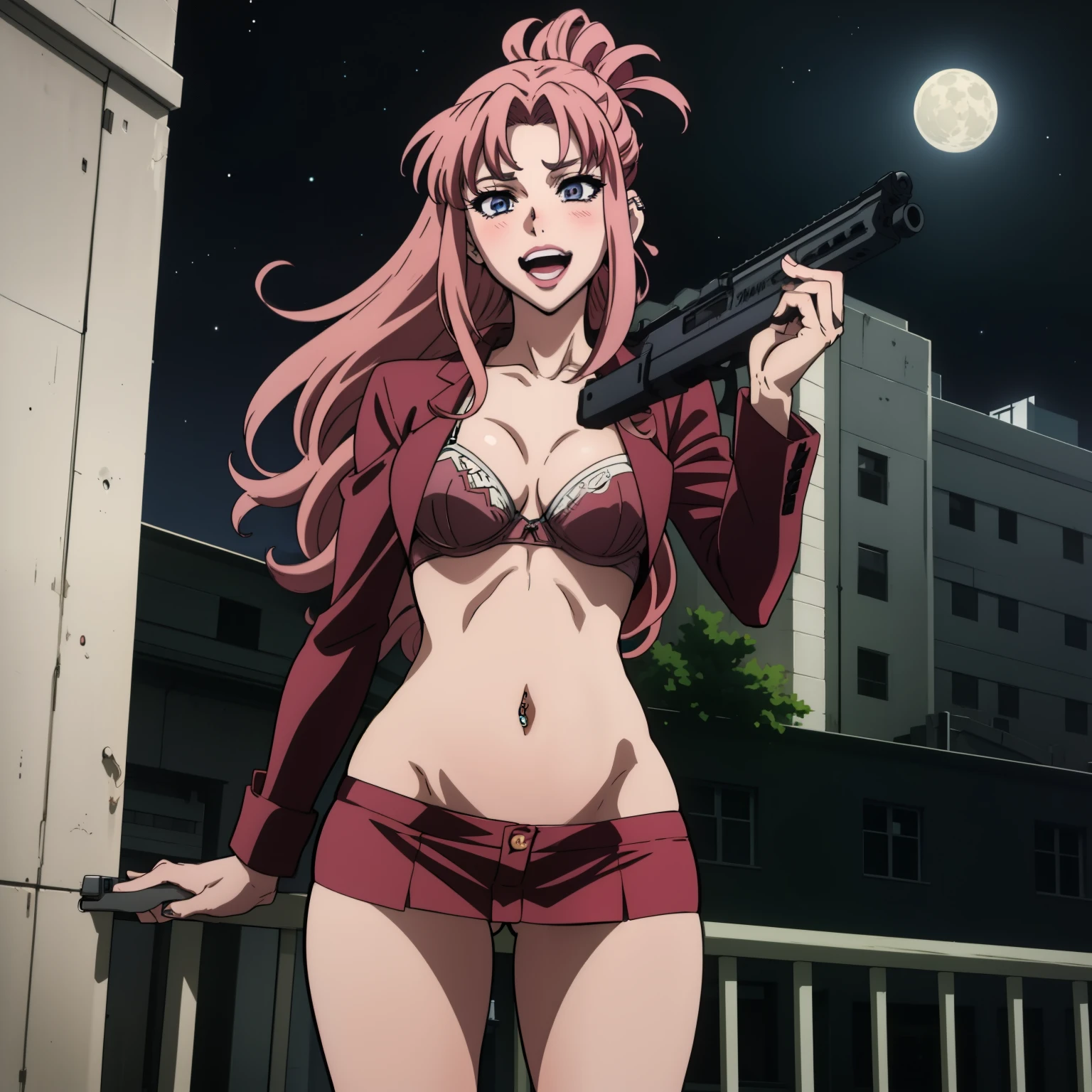 2girl, two girl, long hair, anime art, blush, lipstick ,ear piercing, outdoors, rooftop, cityscape, building, railing, night, night sky, scenery, moon, city lights, blush,
lipstick, masterpiece, best quality, highly detailed, a girls with a gun, open mouth, blazer, sexy gaze, (nsfw) not
safe for work, badass pose , evil smile, smile, black bra, anime girl with long hair, long haired girl,
navel, evil expression, exposed belly, exposed navel, exposed midriff, exposed lower belly, micro
miniskirt, micro pencil skirt, pencil skirt ,holding a gun, , navel piercing