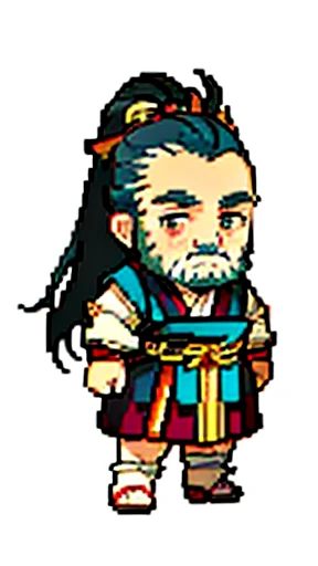 Old man in ancient Chinese costume、Wise Old Man、Looking into the camera、Her hair is tied up in a topknot.、Long sleeve、Hanfu、Black Hair、Standing and posing with arms crossed、Pixel art、(masterpiece, highest quality, highest quality), pixel,pixel art,whole body,Characters in Romance of the Three Kingdoms、Transform、beard、Short Deformation、Old man with long beard