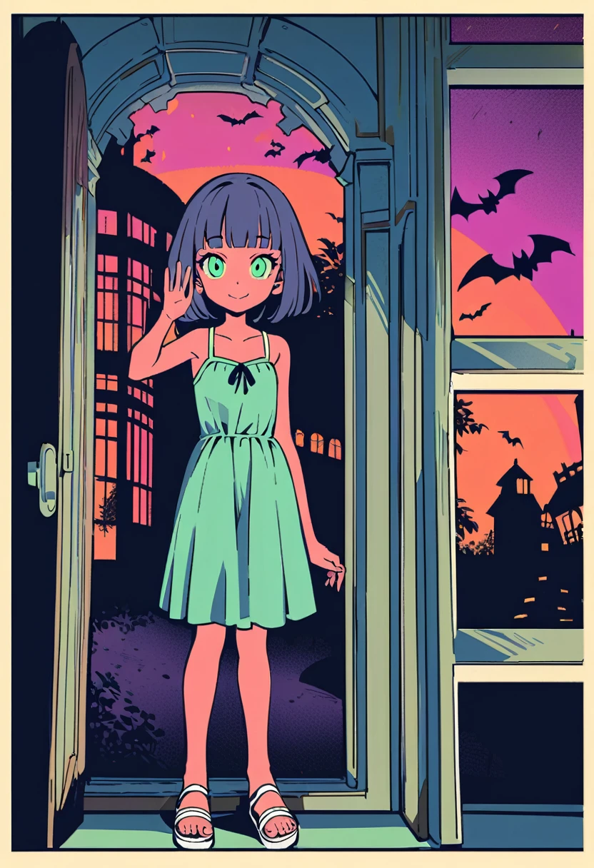 popart style,flat color,(haunted Mansion),(Girl waving hand from the window of mansion),sundress,Sandals,boogie smile,Spooky atmosphere,evening, BREAK 16yo,beautiful detailed face,(navy hair-color),(wavy-short hair),parallel eyebrows,navy eyes with large irises,blunt bangs,small nose, fresh lips,small breasts,(5feet tall)),5finger,