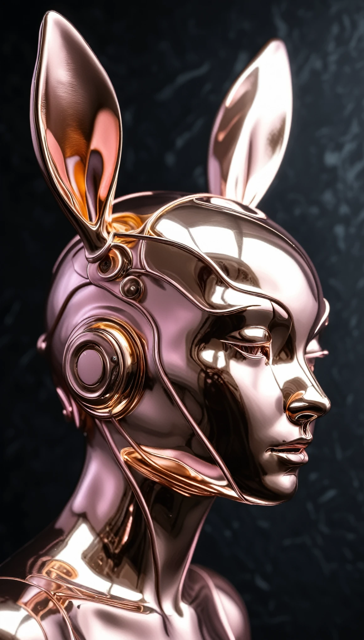 beautiful femal Androidmade of pink and silver Liquid Metal, Rabbit Ears，side view，Photorealistic, Hyperrealistic, Hyperdetailed, analog style, detailed skin, matte skin, soft lighting, subsurface scattering, realistic, heavy shadow, masterpiece, best quality, ultra realistic, 8k, golden ratio, Intricate, High Detail, film photography, soft focus