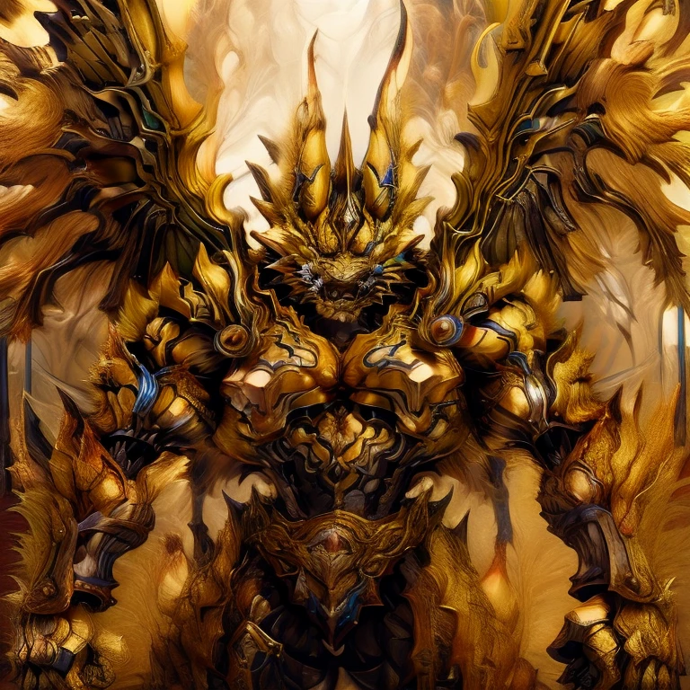 (Pokémon) (Zeraora), (masterpiece, best quality, detailed:1.2), (nj5furry), (medieval armor:1.3) sparkling skin, Vibrant colors, 4K, GOLD armor, Its full plate armor emphasizes the muscles. big muscle (pecs, triceps, traps) unusually developed muscular body, body full of huge muscles. showing off muscles, pectorales enormes. Exaggeratedly huge muscles. Gigachad Muscular, Very muscular, Large pecs, Spread wings, It has wings. have big wings. has 10 large wings. It has large golden wings. The feathers on its wings are detailed and realistic.