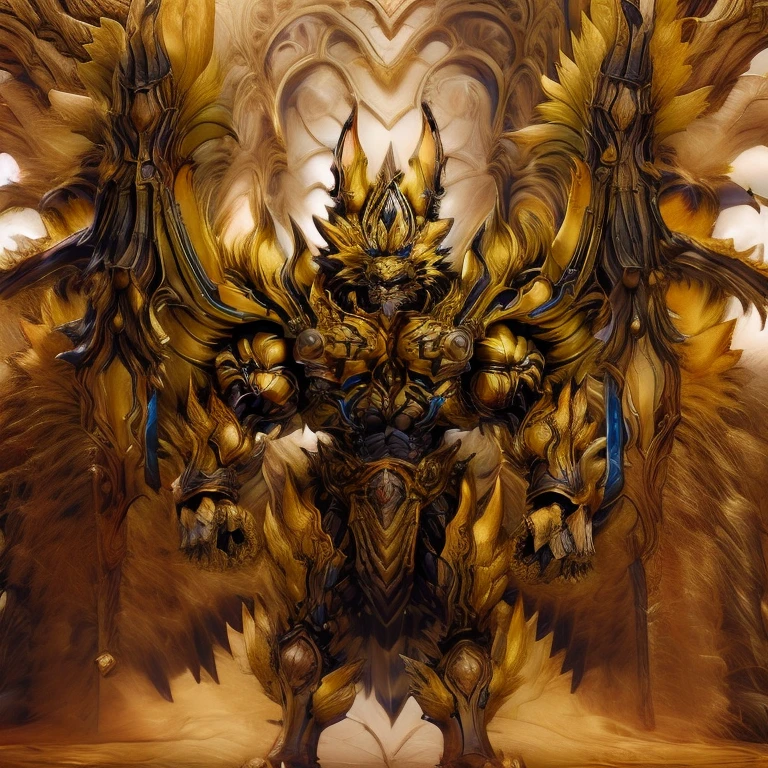 (Pokémon) (Zeraora), (masterpiece, best quality, detailed:1.2), (nj5furry), (medieval armor:1.3) sparkling skin, Vibrant colors, 4K, GOLD armor, Its full plate armor emphasizes the muscles. big muscle (pecs, triceps, traps) unusually developed muscular body, body full of huge muscles. showing off muscles, pectorales enormes. Exaggeratedly huge muscles. Gigachad Muscular, Very muscular, Large pecs, Spread wings, It has wings. have big wings. has 10 large wings. It has large golden wings. The feathers on its wings are detailed and realistic.