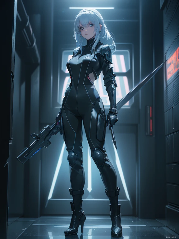 Design a layout showcase Gaming character, (1girl). Black+Silver clothes, sleek and modern, ((showcase weapon:1.4)), laser gun, (masterpiece:1.2), (best quality), 4k, ultra-detailed, (Step by step design, layout art:1.5), (neon lighting, cyber ambiance), cyberpunk, ((tech gloves)), (((revealing jumpsuit:1.3))), tech armor, combat boots, (((full_body_shot:1.4)))