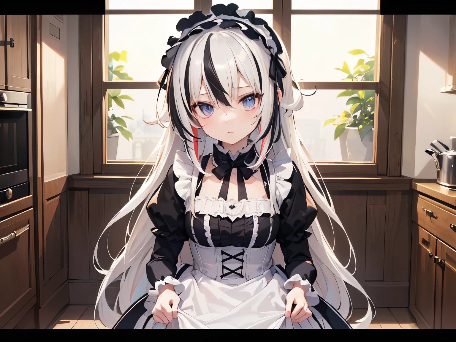((streaked hair, messy hair, big hair)), ((expressive hair)), lolita hairband, cinematic lighting, bust chart, first-person view, UHD, (((masterpiece, textured skin))), (super detail), high details, high quality, ((best quality)), 16k, Gothic Lolita costume, upturned eyes, cute girl, dress with frills, mansion, indoors, kitchen
