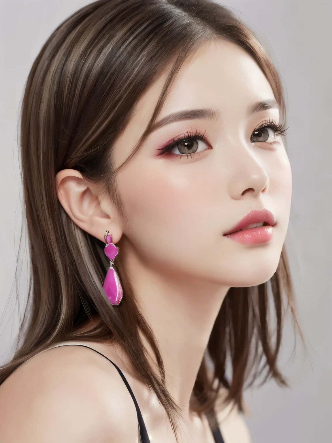 beautiful girl, Brown_eye, ((Beautiful and slim 18 year old girl, hair color [Brown highlights hair], [Undercut Pixie] hair)), Earrings, lips, Realistic, Tight waist, Charm, pink lipstick, Colorful Makeup, Long eyelashes, Earrings, Applying eyeliner, Fair skin, (cute), (Detailed face), detailed eye, Detailed Iris