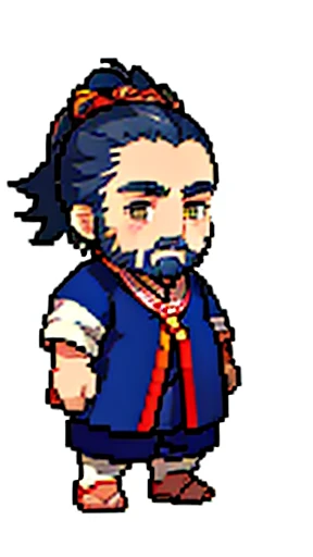 Old man in ancient Chinese costume、Wise Old Man、Looking into the camera、Her hair is tied up in a bun、Long sleeve、Hanfu、Black Hair、Standing and posing with arms crossed、Pixel art、(masterpiece, highest quality, highest quality), pixel,pixel art,whole body,Characters in Romance of the Three Kingdoms、Transform、beard、Short Deformation、Old man with long beard