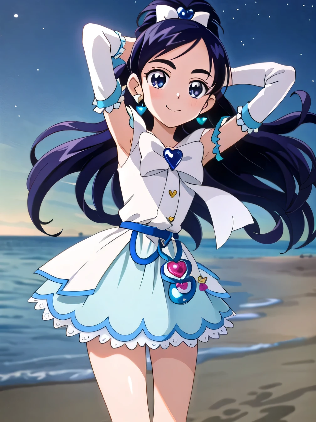 (masterpiece), best quality, (cel anime), highest quality, ((high detail:1.2)), (HDR), (cinematic light:1.1), highres, 1girl, solo, (curewhite:1.5),(little girl:1.5), high quality, solo, night sky, beach, {arms behind head}, contrapposto, closed mouth, spread armpits, (cowboy shot:1.5), looking at viewer, smile, half updo, jewelry, earrings, dress, white dress, magical girl, heart brooch, frills, ribbon, bow, black hair,arm warmers, blue hair, heart earrings, black eyes, gloves, hair ornament, smile,