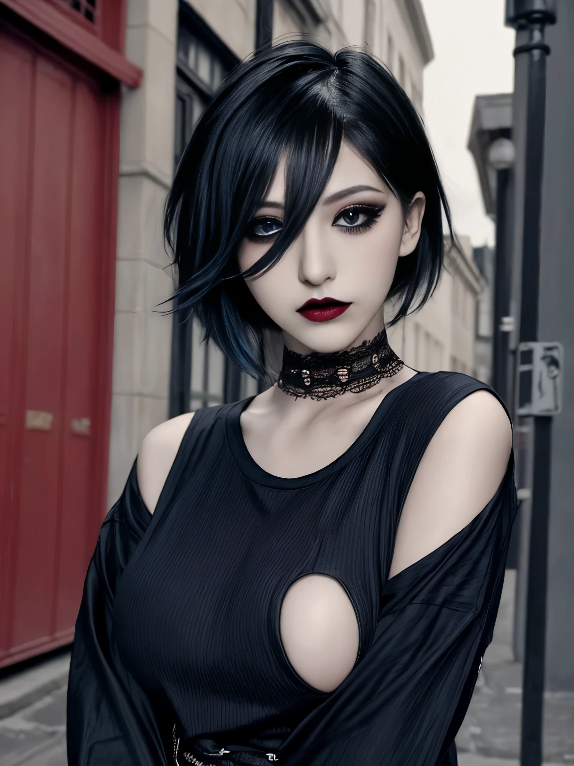 1girl, solo, emo, emo makeup , emo hair, black lips, eyeshadow, eyeliner, mascara, colored hair , black eyes, dark eyes , shirt, outdoors  , highly detailed portrait , large breasts, full body, short hair, skinny, tight clothes, perfect face