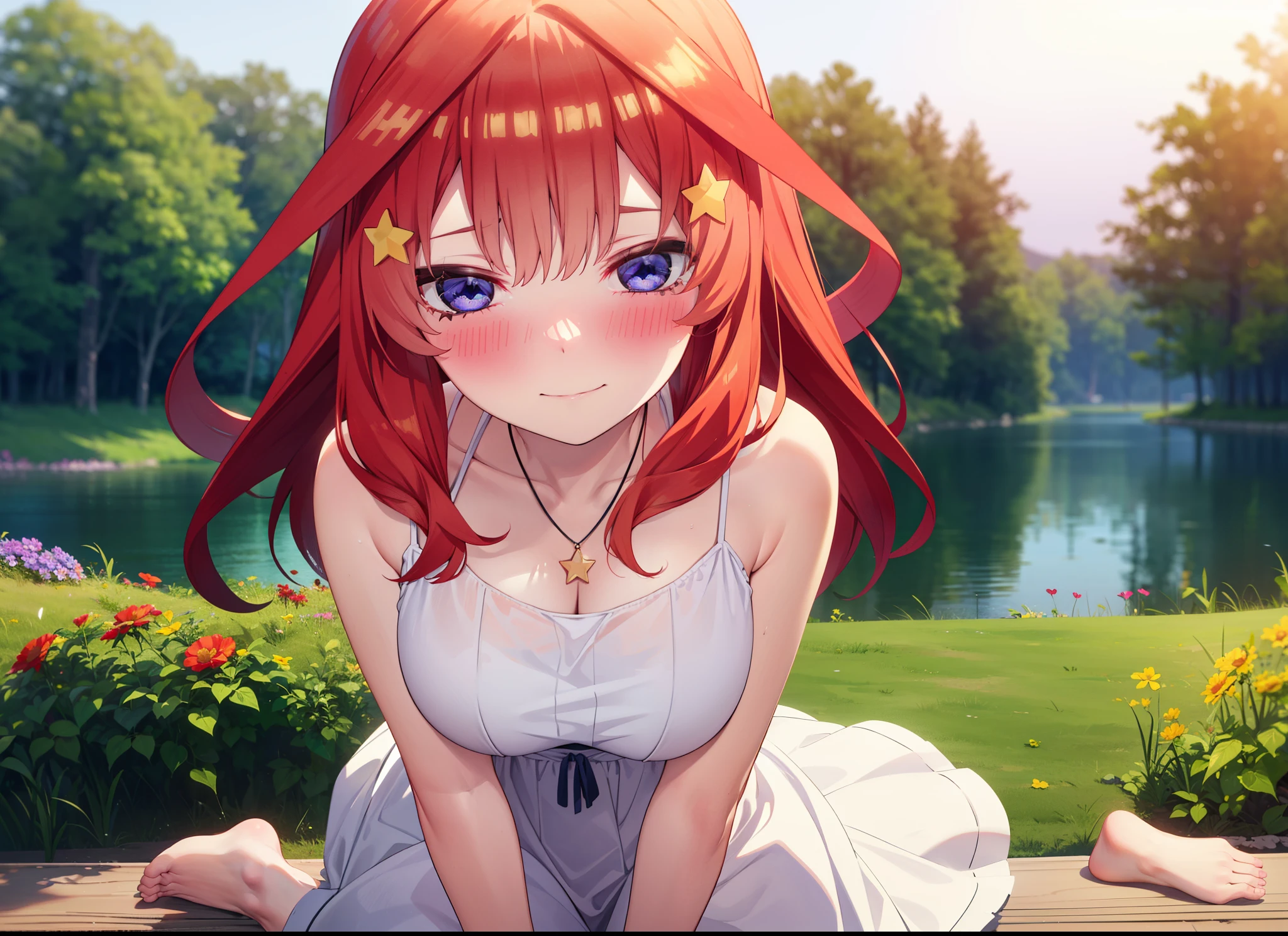 itsukinakano, Itsuki Nakano, bangs, blue eyes, Hair between the eyes, Ahoge, Redhead, star \(symbol\), hair ornaments, star hair ornaments,Big Breasts,Squint both eyes,blush,happy smile, smile, shut up.,White Sleeveless Dress,Bare arms,Heart Pendant,Long skirt,Barefoot flower crown,whole bodyがイラストに入るように,Sitting,Looking up from below,evening,sunset,Morning Sets,
break looking at viewer, whole body,
break outdoors, nature,Flower Field,Large Lake,
break (masterpiece:1.2), highest quality, High resolution, unity 8k wallpaper, (shape:0.8), (Beautiful details:1.6), Highly detailed face, Perfect lighting, Highly detailed CG, (Perfect hands, Perfect Anatomy),