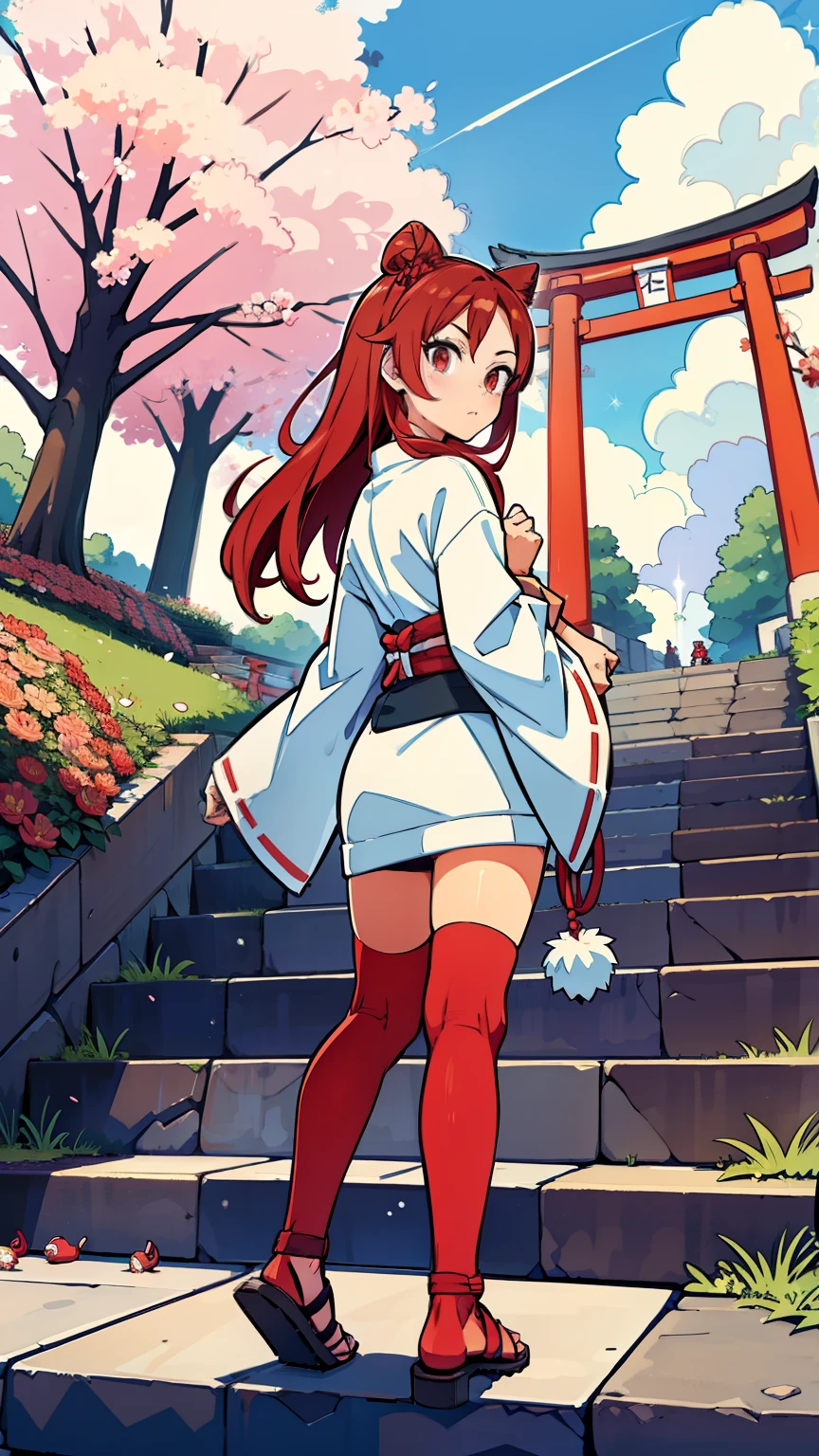 ((masterpiece,best quality)),outdoors, red torii, tree, stairs,, 2girls, miko,miko, looking at viewer, looking back,, red legwear, red ribbon, black hair,cherry blossoms, day, flower, hair bun, hair ribbon, japanese clothes, kimono, long hair, cat ears, small flowers,, multiple girls, red eyes, red hair, ribbon, sandals, single hair bun, standing,clog sandals,white kimono, yellow eyes,sparkle,thighhighs,