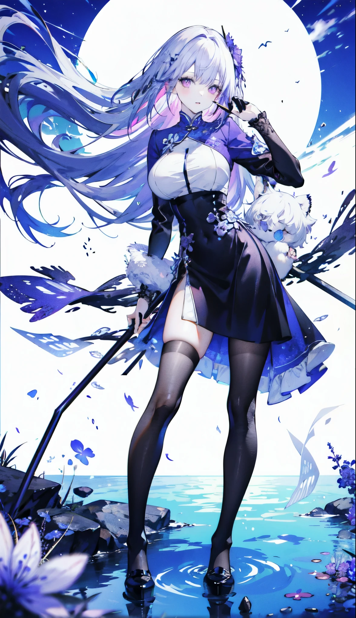 ((masterpiece:1.4,best quality)),(Super detailed),(Extremely detailed eyes),(Black leggings,Shiny socks:1.5),Hello Darkness
((Sexy Girl,Large Breasts)),(Blood-red pupils,Diamond-shaped pupil:1.15),Purple Eyeshadow,(Elongated hair,Thick hair,shiny hair:1.5)(Variza:1.2),Fair skin,tilt head to one side,Kneel down
(She wears blue armor,Tight cheongsam,:1.5),Very long plush sleeves,White,White Cloud,Dream bubbles ,Ice and glitter effects
(Black long skirt:1.1),
(dawn:1.2),
(Intense black and white:1.16),(Depth of Field:1.4),,Intricate details,(Sky Castle,Standing on the lake,Purple flowers by the lake)