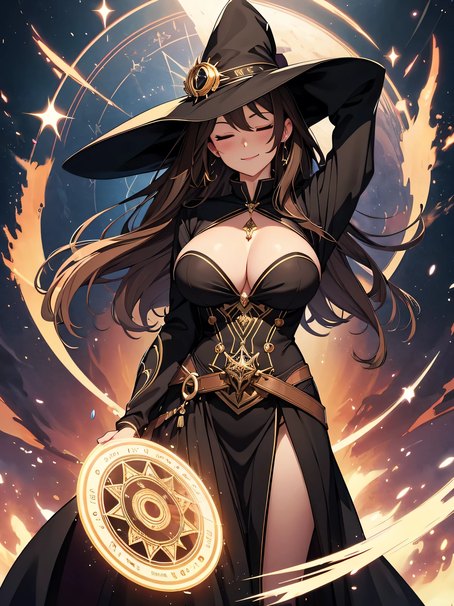 Beautiful woman　　Big Breasts Beautiful Black Dress Eyes Closed
　　黒Brown Hair　smile　　Masterpiece extremely beautiful 22歳　magic light magic circle、Magical chant、Magical powers High-definition depiction, Realistic, 8k, Unity, wide shot, light smile, Beautiful and clearly painted, explosion, beautiful  witch, witch's veil, witch clothes, Countless rays of light falling down, swirling light, big explosion background, one arm up over head, Intense light is emitted from the magic circle in front of the girl.