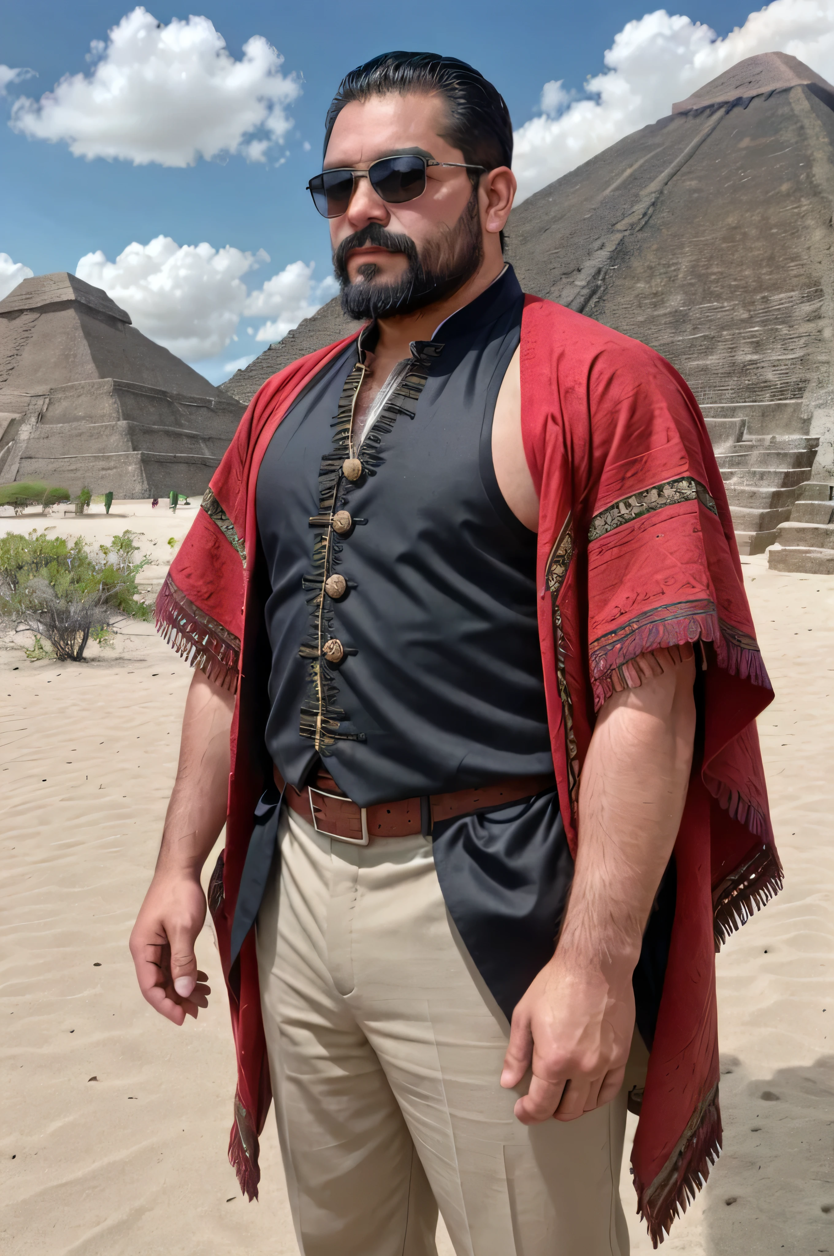 A 38-year-old man with a beard and dark sunglasses, dressed in traditional Mexican attire. His outfit varies between charro suit, guayabera shirt, or poncho in each generation. He is shown from the waist up in a medium shot. The background features the stunning natural beauty of Mexico, which varies each time between landscapes such as the beaches of Cancún, the mountains of Sierra Madre, or the pyramids of Teotihuacan. The image is highly realistic and of very high quality, avoiding any distorted characters