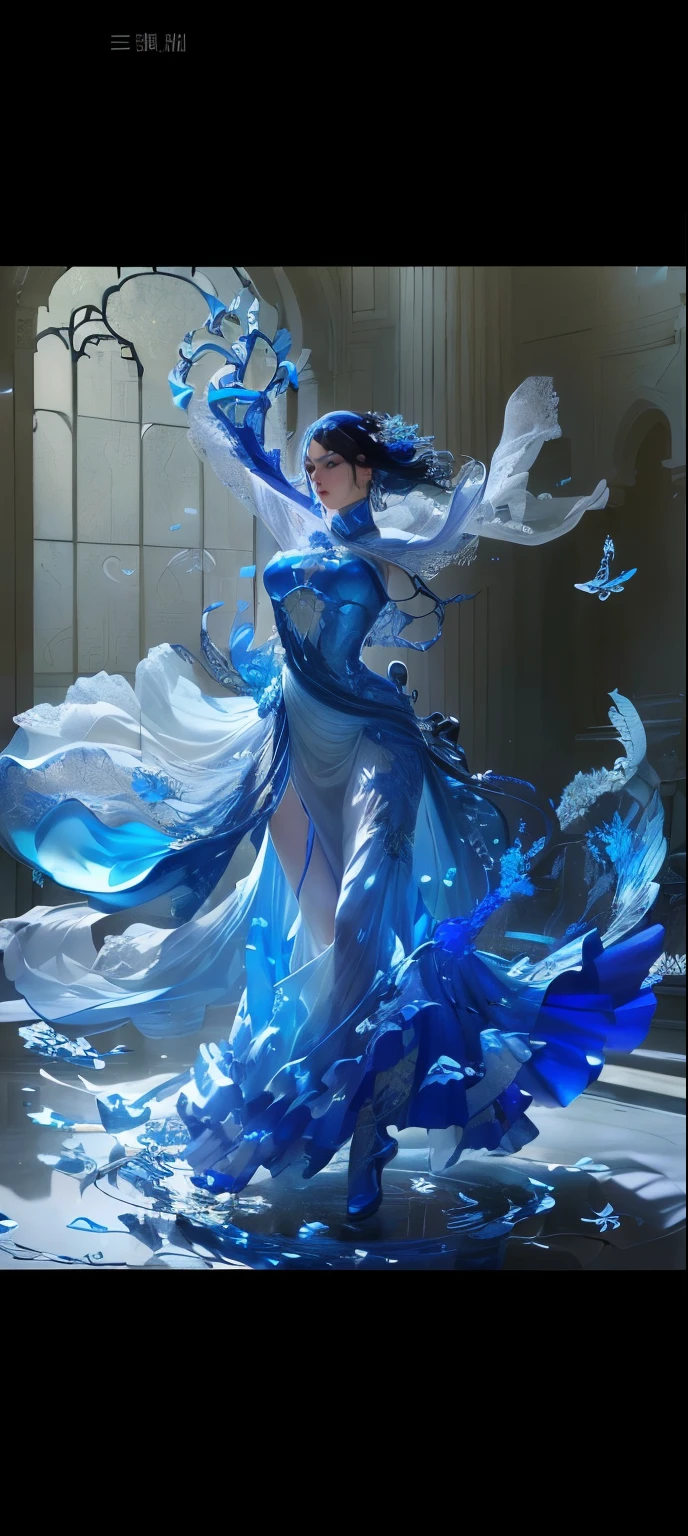 Arav women in blue dresses dancing in a large room, statue made of glass, Blue Swirl Dress, realistic Glass Sculpture, Large Translucent Art Statue, Flowing fabrics, murano Glass Sculpture, Silk fluttering in the wind, person Made of glass, Glass Sculpture, Made of glass, Clothes made of water, Sculptures made of water, blown glass figures,A stunning young ethereal figure, Hepburn Rankin Ellis, Inspired by Fei Danxu,, Futuristic and ethereal, jingna zhang, author:Lu Dongjun, Inspired by Maciej Kuciara, Gorgeous and smooth, Blue biomechanical details, Exquisite sculptures, Beautiful digital artwork