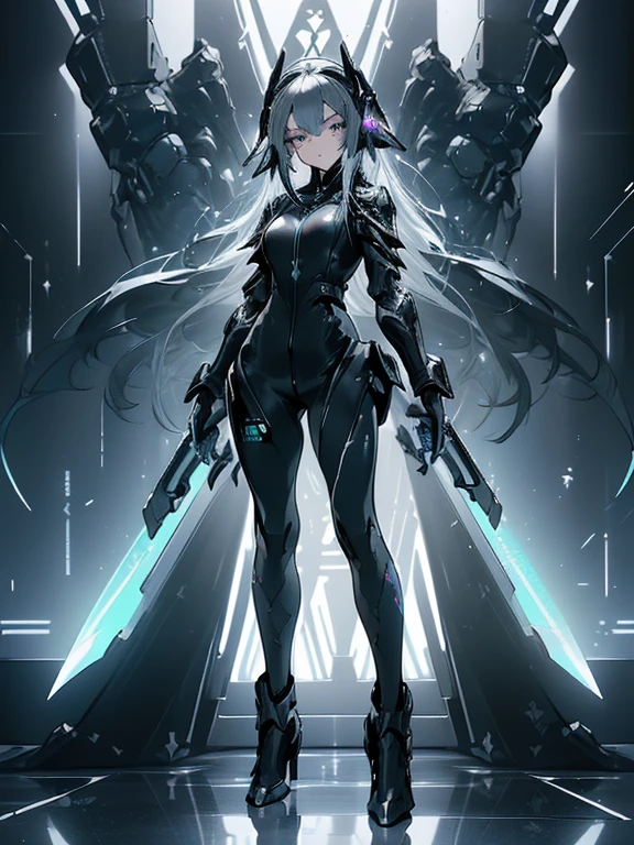 Design a layout showcase Gaming character, (1girl). Black+Silver clothes, sleek and modern, ((showcase weapon:1.4)), laser gun, (masterpiece:1.2), (best quality), 4k, ultra-detailed, (Step by step design, layout art:1.5), (neon lighting, cyber ambiance), cyberpunk, ((tech gloves)), (((revealing jumpsuit:1.3))), tech armor, combat boots, (((full_body_shot:1.4)))