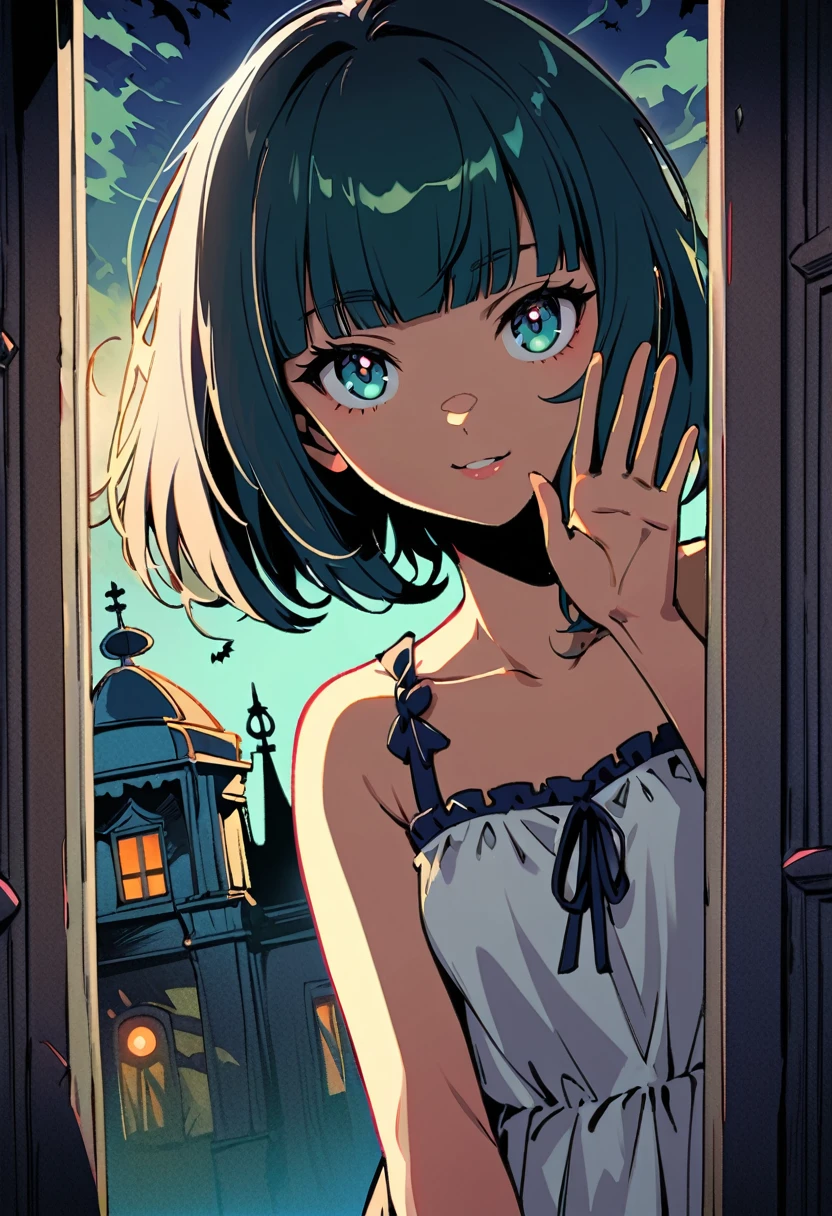 popart style,(haunted Mansion),(Girl waving hand from window of mansion),sundress,boogie smile,Spooky atmosphere,evening, BREAK 16yo,beautiful detailed face,(navy hair-color),(wavy-short hair),parallel eyebrows,navy eyes with large irises,blunt bangs,small nose, fresh lips,small breasts,(5feet tall)),