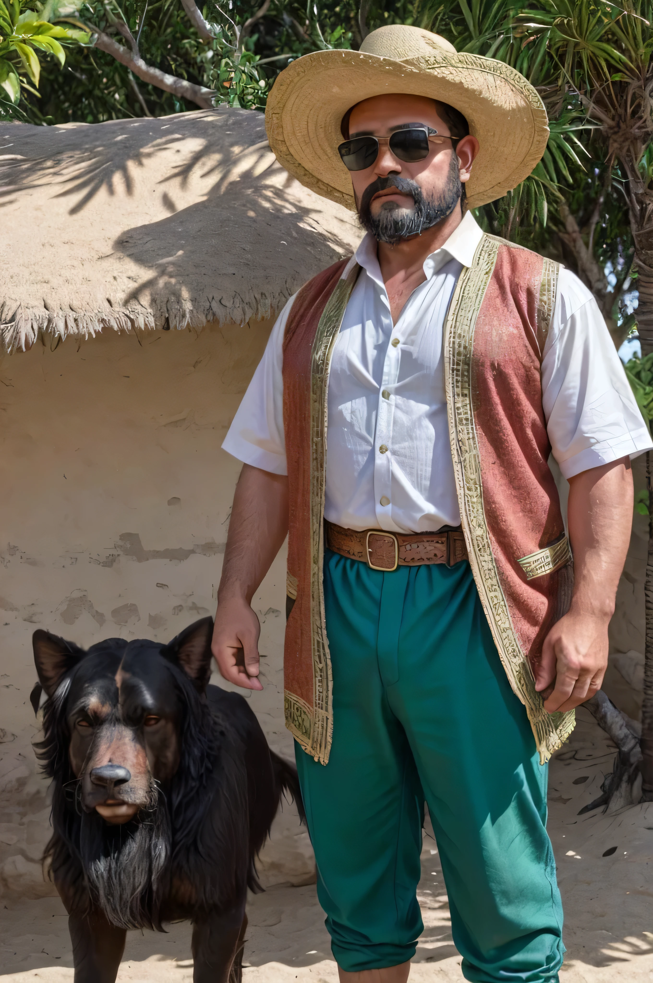 A 38-year-old man with a beard and dark sunglasses, dressed in traditional Mexican attire. His outfit varies between charro suit, guayabera shirt, or poncho in each generation. He is shown from the waist up in a medium shot. The background features the stunning natural beauty of Mexico, which varies each time between landscapes such as the beaches of Cancún, the mountains of Sierra Madre, or the pyramids of Teotihuacan. The image is highly realistic and of very high quality, avoiding any distorted characters