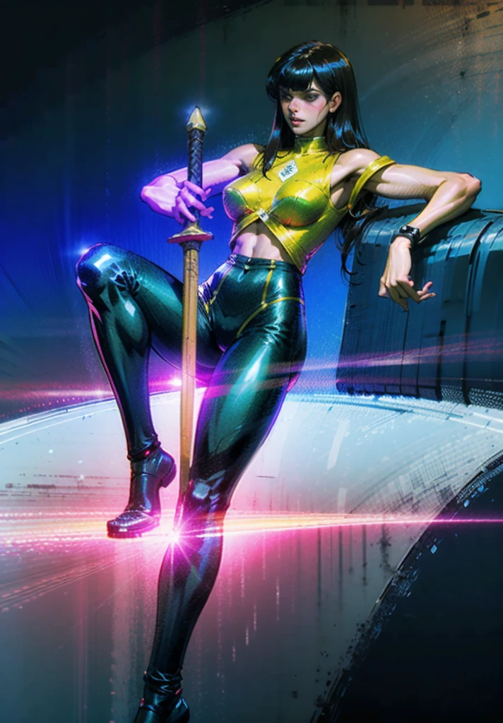 Uma linda mulher com longos cabelos pretos e brilhantes, franja agitada, um rosto delicado, um olhar frio e orgulhoso, ela usa apenas uma calcinha pequena, topless, seios grandes nus, his right hand holds a longsword with a blue sheath, ela descansa casualmente sentada, This character embodies a finely crafted fantasy-style bounty hunter in the anime style, exquisite and mature manga art style, (Alexandra Daddario:1.2), High definition, melhor qualidade, high resolution, ultra-detalhado, Pintura ultrafina, extremamente delicado, Profissional, Anatomicamente correto, Symmetrical face, olhos e rosto extremamente detalhados, olhos de alta qualidade, criatividade, Foto CRU, UHD, 32k, Luz natural, cinematic lighting, Obra de arte-anatomy-perfect, Obra de arte:1.5