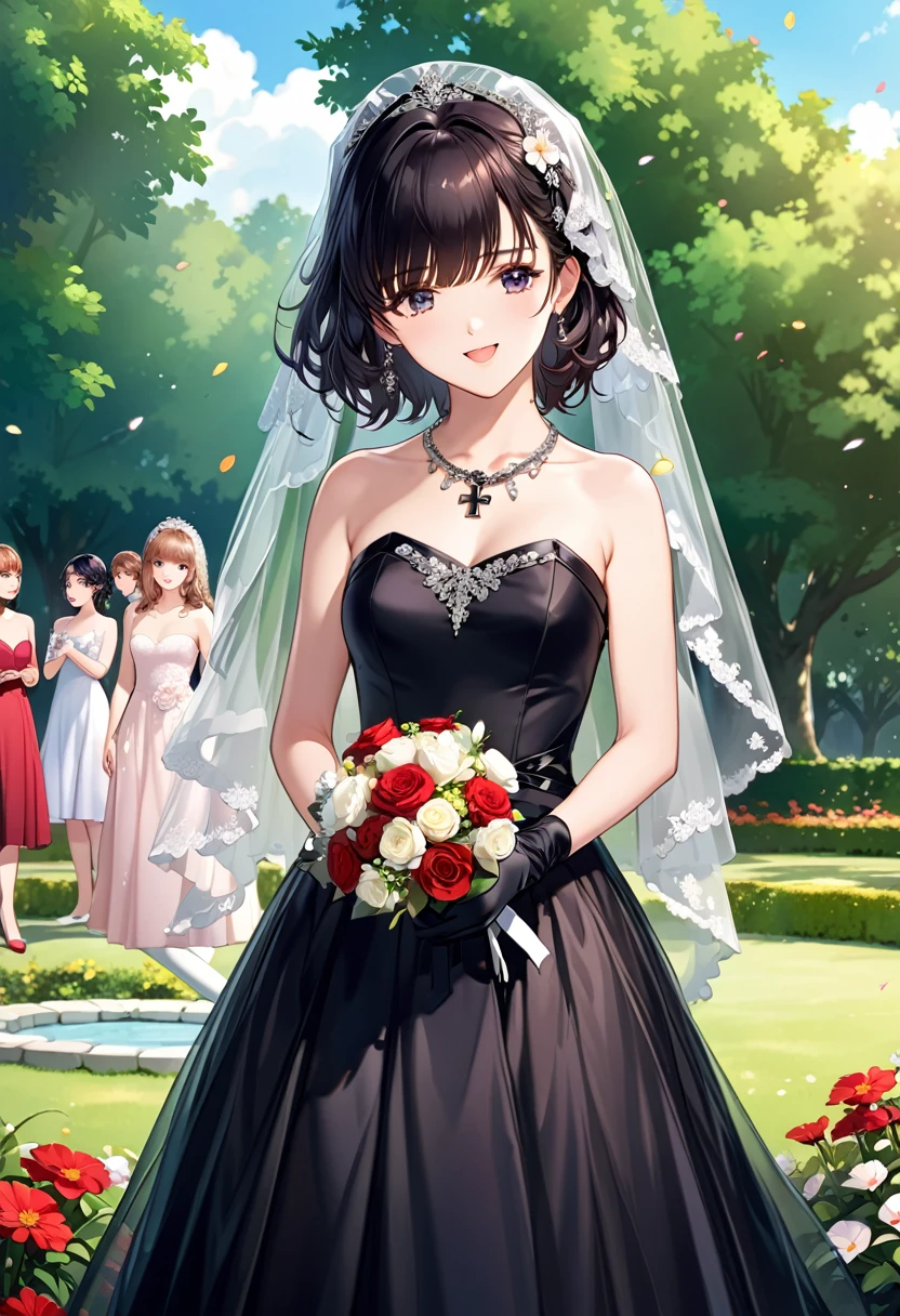 score_9, score_8_up, score_7_up, score_6_up, score_5_up, score_4_up, source_anime, bbz23, short hair, black ribbon, bridal veil, hair flower, black veil, necklace, iron cross, bare shoulders, wedding dress, black dress, see-through, sleeveless dress, black gloves, black thighhighs, smile, tears., open mouth, standing, cowboy shot, holding bouquet, garden, outdoors